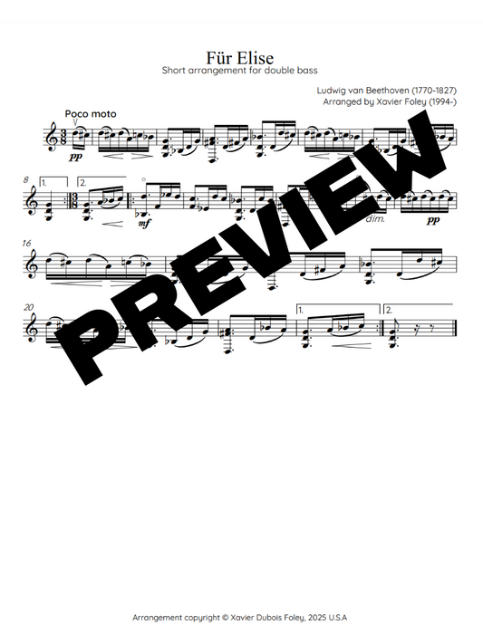 [FREE] "Für Elise" Short arrangement for double bass